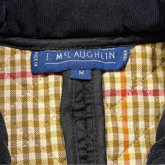 J. McLaughlin Size Medium Black Puffer Vest Cotton Plaid Lined Corduroy Collar - Picture 3 of 5